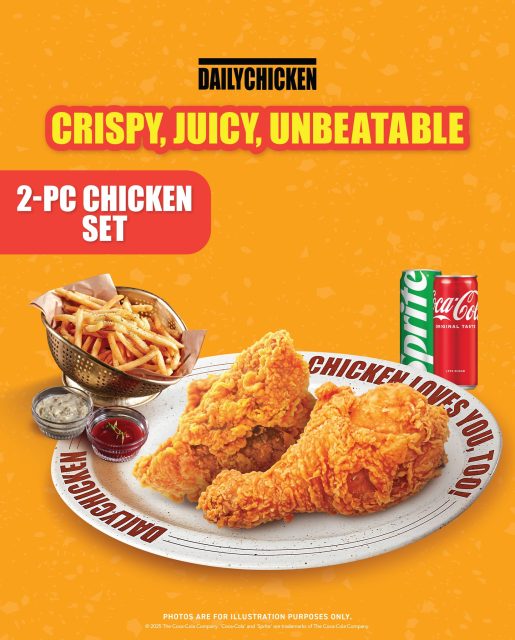 Double the crunch, double the joy! Enjoy our 2-pc Chicken Set with fries & a drink for just $10.50++. Available for dine-in at Bugis Junction only.

#DailyChickenSG #LoveAtFirstBite #TheChickenLovesYouToo #MoreChickenMoreCrunch #sgfoodie #sgeats #singaporefood