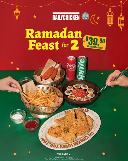 Savour the joy of togetherness this Ramadan! ✨ Enjoy our Ramadan Feast for 2 at just $39.90 with 𝗻𝗼 𝘀𝗲𝗿𝘃𝗶𝗰𝗲 𝗰𝗵𝗮𝗿𝗴𝗲!
Valid for dine-in and takeaways, from now till 22 Mar 2026. T&Cs apply.
#DailyChickenSG #LoveAtFirstBite #TheChickenLovesYouToo #MoreChickenMoreCrunch