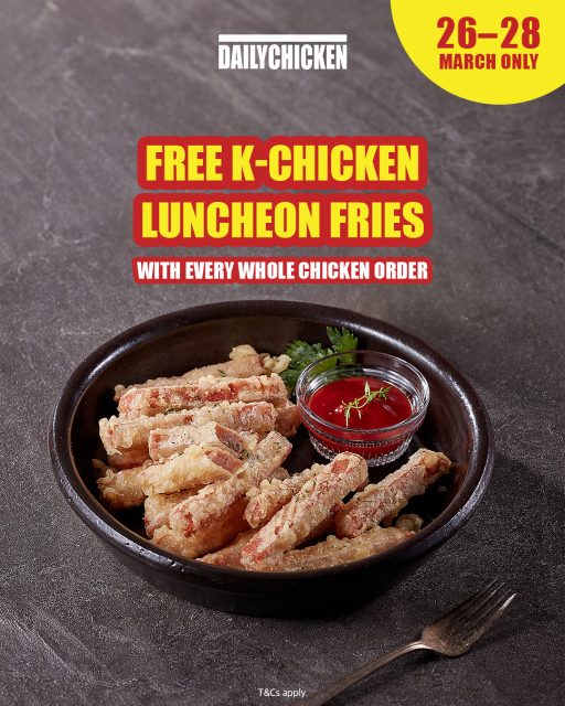 From 26 to 28 Mar, enjoy a little extra joy on your table ✨ Order any whole chicken and we’ll treat you to free K‑Chicken Luncheon Fries (worth $12)!
Limited to 1 promotion redemption per table. T&Cs apply.
#DailyChickenSG #LoveAtFirstBite #TheChickenLovesYouToo #MoreChickenMoreCrunch
