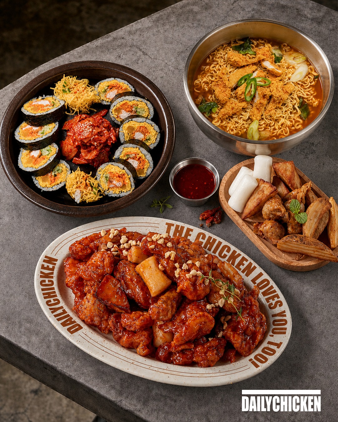 Three reasons you'll keep coming back: Spicy, warming Hangang Ramyeon. Fresh, crunchy Chicken Tender Gimbap. Addictive, crispy Daily Chicken Gangjeong. 

Trust us, your taste buds will thank you.

#DailyChickenSG #LoveAtFirstBite #TheChickenLovesYouToo #MoreChickenMoreCrunch